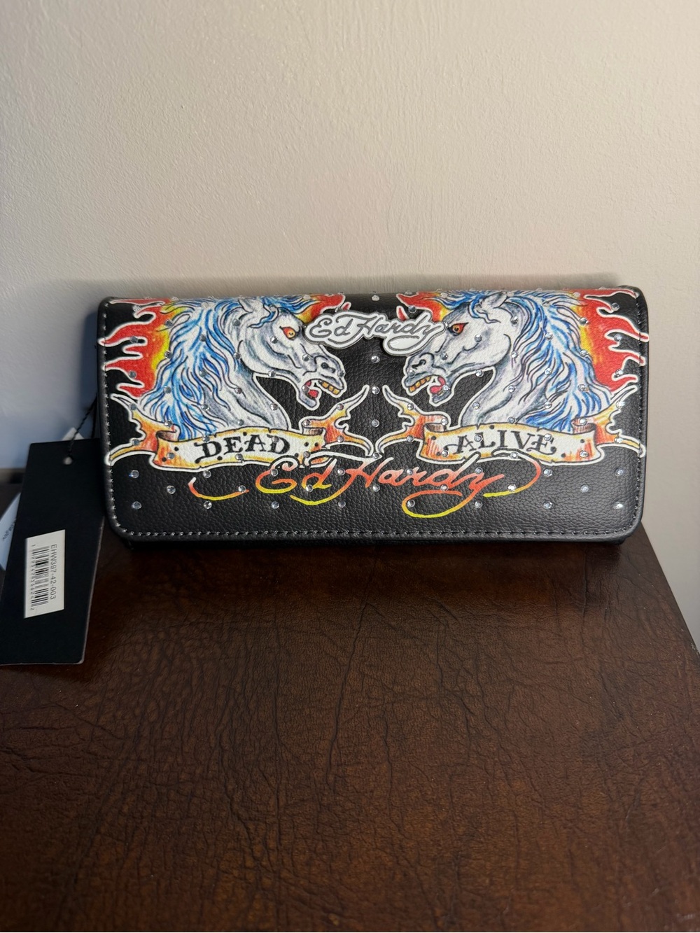 Ed Hardy Black Unicorn Print Continental Wallet with Multicolor Artwork
